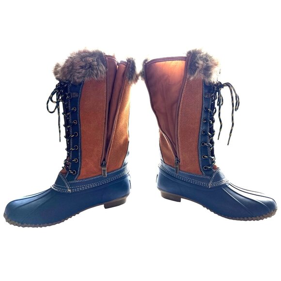 Sporto Duck Lace Up Boots Leather Tan Navy Faux Fur Lined Waterproof Zip Size 7 - Picture 7 of 8